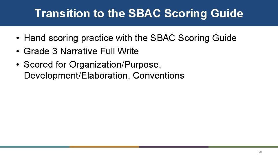 Transition to the SBAC Scoring Guide • Hand scoring practice with the SBAC Scoring