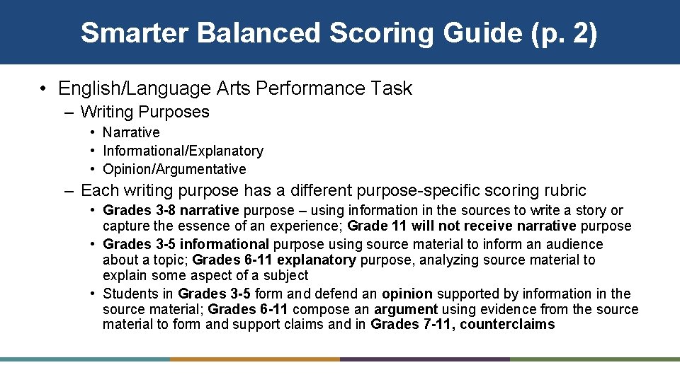 Smarter Balanced Scoring Guide (p. 2) • English/Language Arts Performance Task – Writing Purposes