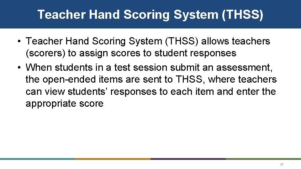 Teacher Hand Scoring System (THSS) • Teacher Hand Scoring System (THSS) allows teachers (scorers)