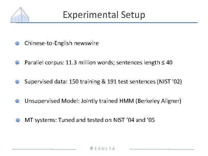 Experimental Setup Chinese-to-English newswire Parallel corpus: 11. 3 million words; sentences length ≤ 40
