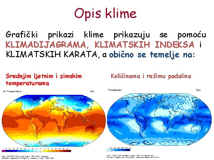 Opis klime Grafički prikazi klime prikazuju se pomoću KLIMADIJAGRAMA, KLIMATSKIH INDEKSA i KLIMATSKIH KARATA,