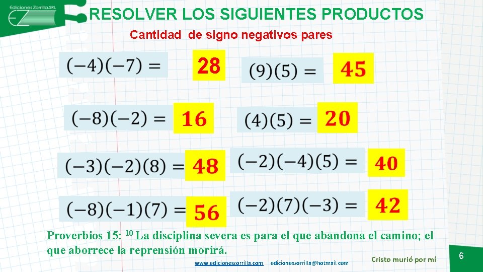 RESOLVER LOS SIGUIENTES PRODUCTOS Cantidad de signo negativos pares 28 Proverbios 15: 10 La