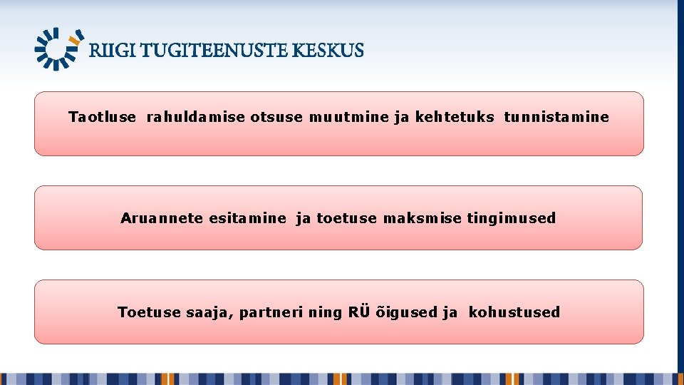 Taotluse rahuldamise otsuse muutmine ja kehtetuks tunnistamine Aruannete esitamine ja toetuse maksmise tingimused Toetuse