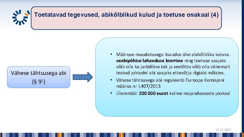 Toetatavad tegevused, abikõlblikud kulud ja toetuse osakaal (4) Vähese tähtsusega abi (§ 91) •