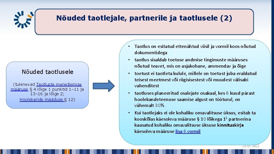 Nõuded taotlejale, partnerile ja taotlusele (2) Nõuded taotlusele (tulenevad Taotluste menetlemise määruse § 4