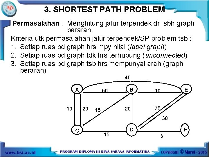 3. SHORTEST PATH PROBLEM Permasalahan : Menghitung jalur terpendek dr sbh graph berarah. Kriteria