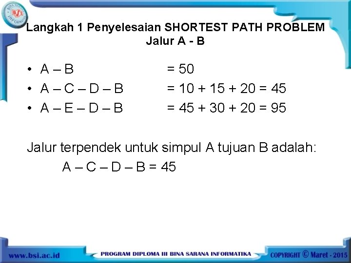 Langkah 1 Penyelesaian SHORTEST PATH PROBLEM Jalur A - B • A–B • A–C–D–B