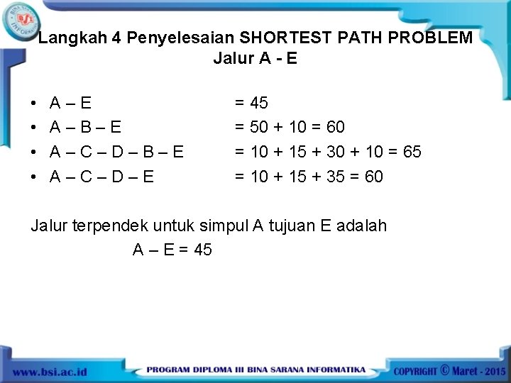 Langkah 4 Penyelesaian SHORTEST PATH PROBLEM Jalur A - E • • A–E A–B–E