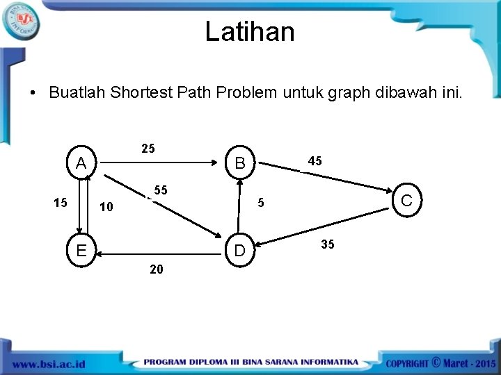Latihan • Buatlah Shortest Path Problem untuk graph dibawah ini. 25 A B 55