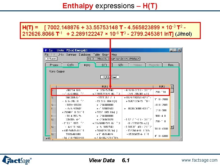 Enthalpy expressions – H(T) = [ 7002. 148876 + 33. 55753148 T - 4.