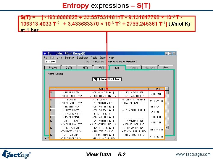 Entropy expressions – S(T) = [ -163. 8086625 + 33. 55753148 ln. T -