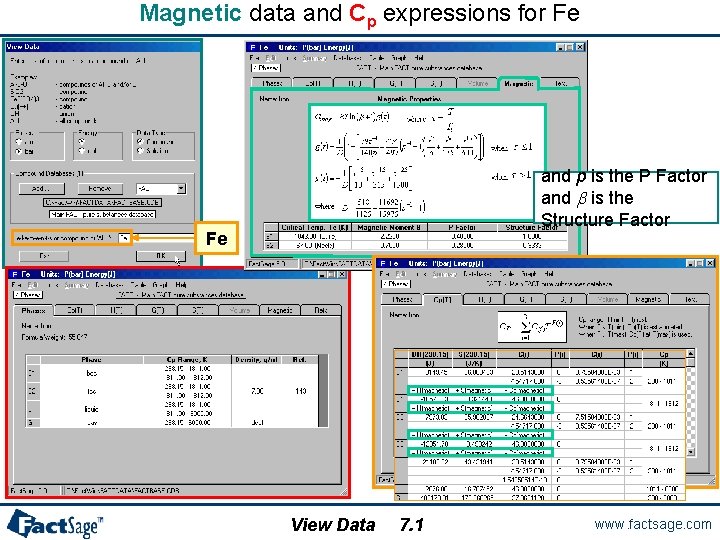 Magnetic data and Cp expressions for Fe and p is the P Factor and