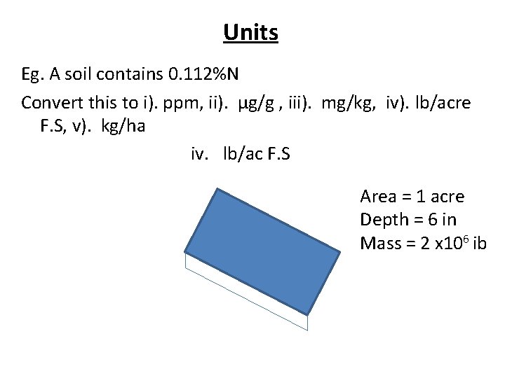 Units Eg. A soil contains 0. 112%N Convert this to i). ppm, ii). μg/g