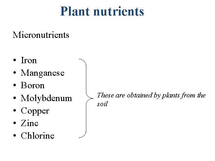 Plant nutrients Micronutrients • • Iron Manganese Boron Molybdenum Copper Zinc Chlorine These are