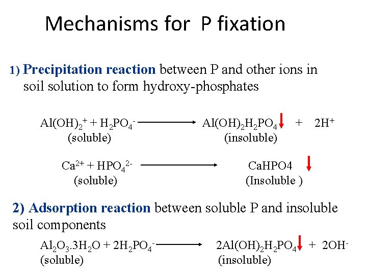 Mechanisms for P fixation 1) Precipitation reaction between P and other ions in soil