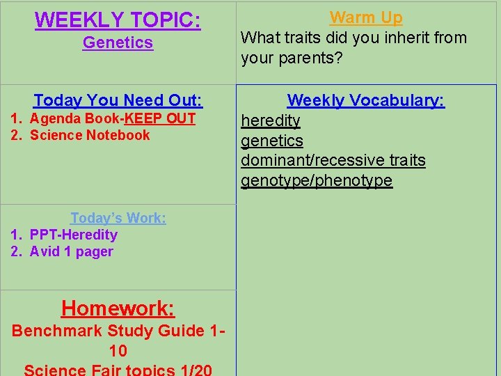 WEEKLY TOPIC: Genetics Today You Need Out: 1. Agenda Book-KEEP OUT 2. Science Notebook