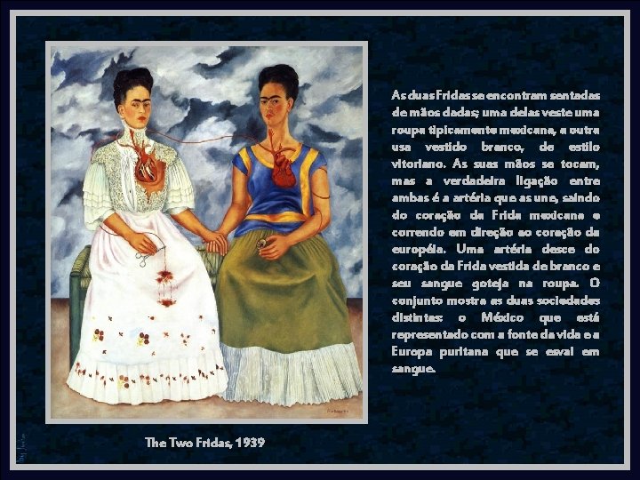 As duas Fridas se encontram sentadas de mãos dadas; uma delas veste uma roupa
