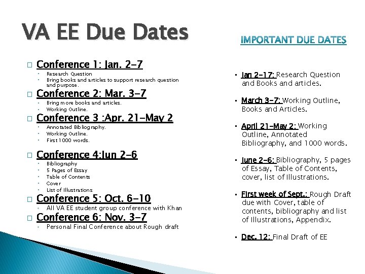 VA EE Due Dates � Conference 1: Jan. 2 -7 Research Question Bring books