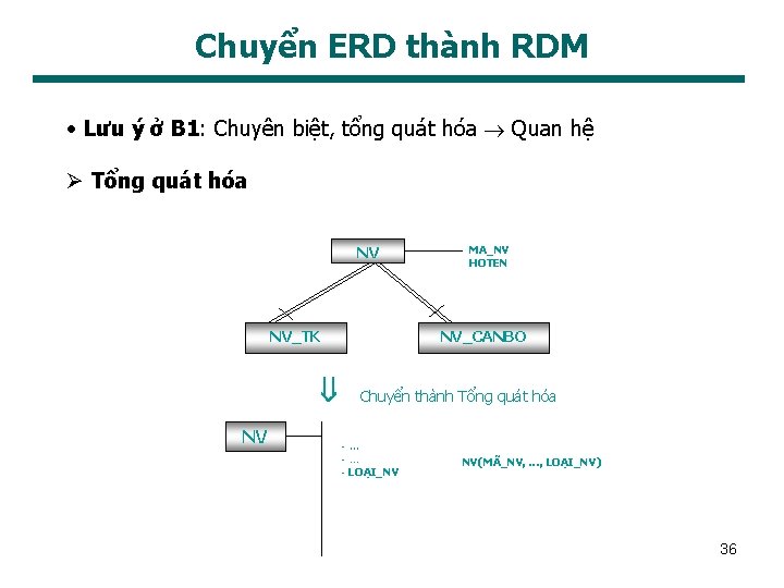 Chuyển ERD thành RDM • Lưu ý ở B 1: Chuyên biệt, tổng quát