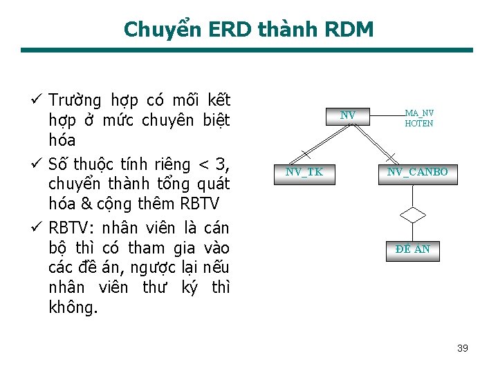 Chuyển ERD thành RDM ü Trường hợp có mối kết hợp ở mức chuyên