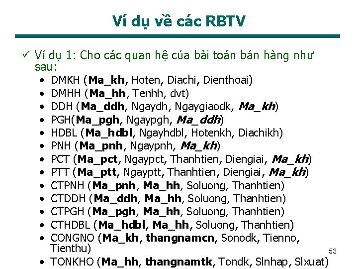 Ví dụ về các RBTV ü Ví dụ 1: Cho các quan hệ của