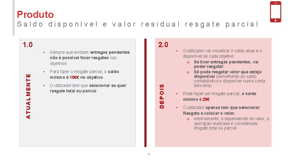 Produto Saldo disponível e valor residual resgate parcial 2. 0 • Sempre que existam