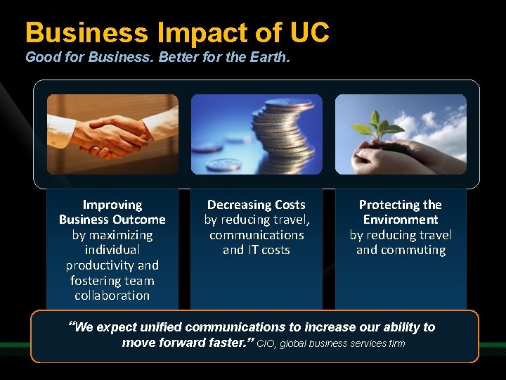 Business Impact of UC Good for Business. Better for the Earth. Improving Business Outcome