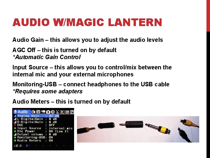 AUDIO W/MAGIC LANTERN Audio Gain – this allows you to adjust the audio levels