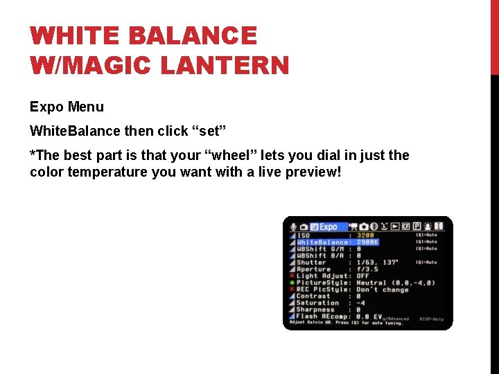 WHITE BALANCE W/MAGIC LANTERN Expo Menu White. Balance then click “set” *The best part