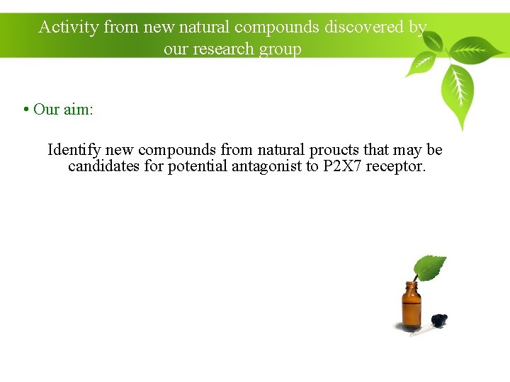 Activity from new natural compounds discovered by our research group • Our aim: Identify