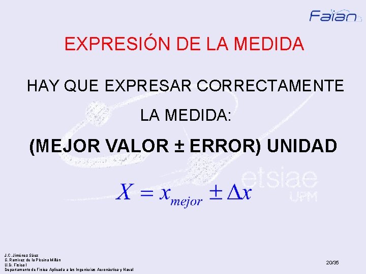 EXPRESIÓN DE LA MEDIDA HAY QUE EXPRESAR CORRECTAMENTE LA MEDIDA: (MEJOR VALOR ± ERROR)