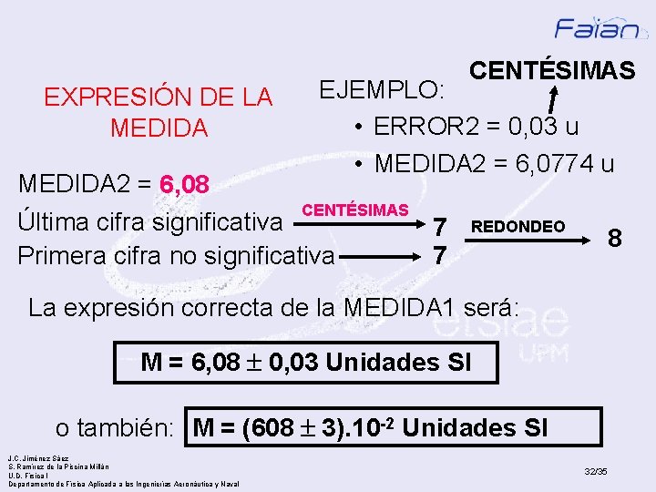 EXPRESIÓN DE LA MEDIDA CENTÉSIMAS EJEMPLO: • ERROR 2 = 0, 03 u •