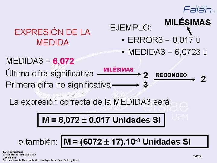 MILÉSIMAS EXPRESIÓN DE LA MEDIDA EJEMPLO: • ERROR 3 = 0, 017 u •