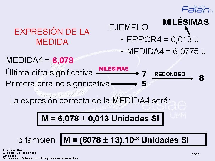 MILÉSIMAS EXPRESIÓN DE LA MEDIDA EJEMPLO: • ERROR 4 = 0, 013 u •