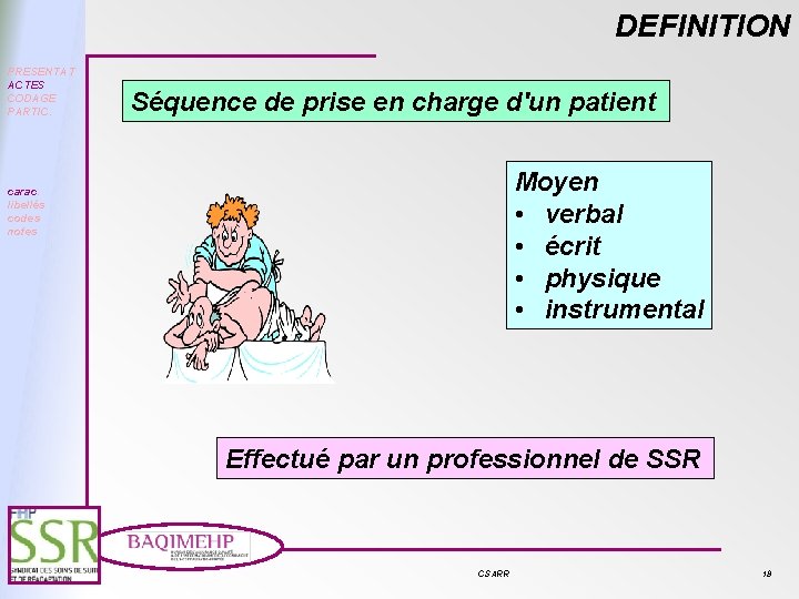 DEFINITION PRESENTAT ACTES CODAGE PARTIC. Séquence de prise en charge d'un patient Moyen •