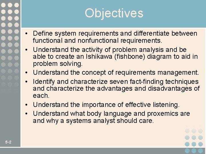 Objectives • Define system requirements and differentiate between functional and nonfunctional requirements. • Understand