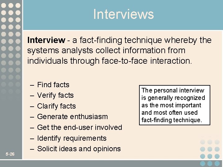 Interviews Interview - a fact-finding technique whereby the systems analysts collect information from individuals