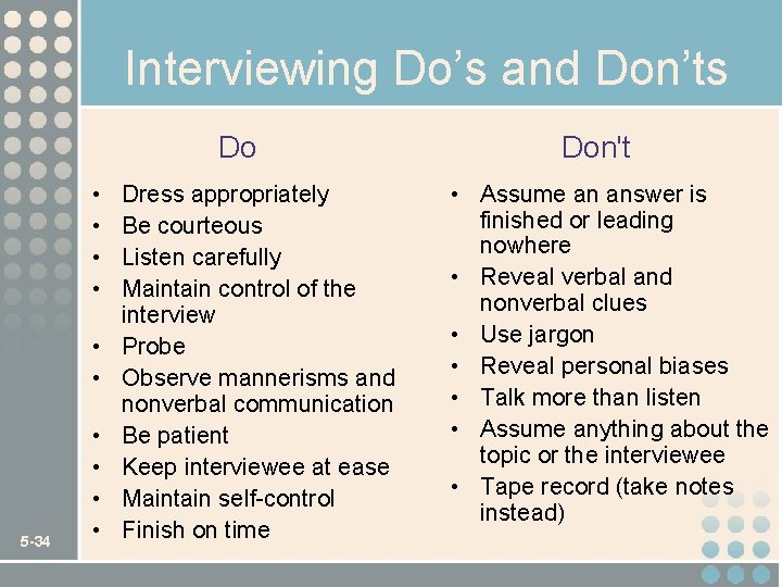 Interviewing Do’s and Don’ts Do • • • 5 -34 • • Dress appropriately