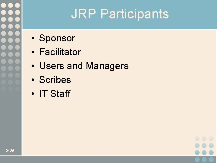 JRP Participants • • • 5 -39 Sponsor Facilitator Users and Managers Scribes IT