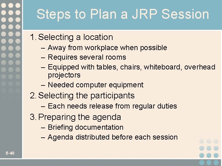 Steps to Plan a JRP Session 1. Selecting a location – Away from workplace