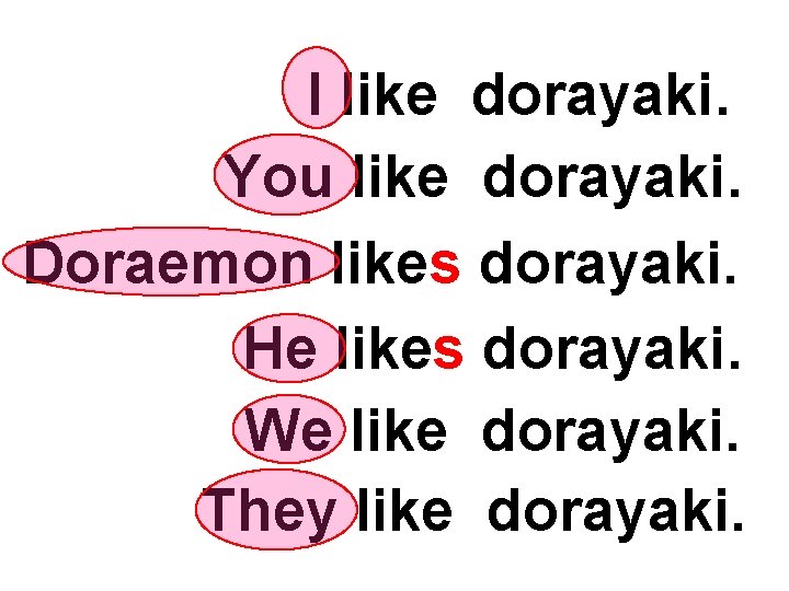 I like dorayaki. You like dorayaki. Doraemon likes dorayaki. He likes dorayaki. We like