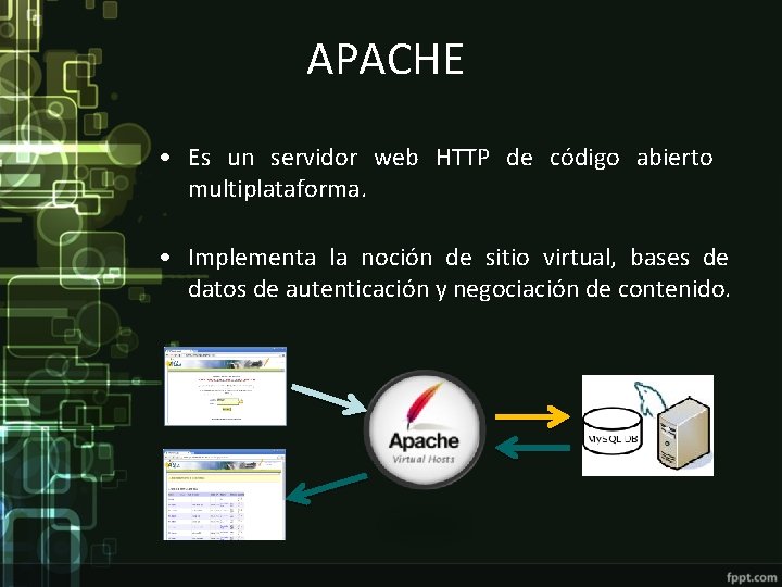 APACHE • Es un servidor web HTTP de código abierto multiplataforma. • Implementa la
