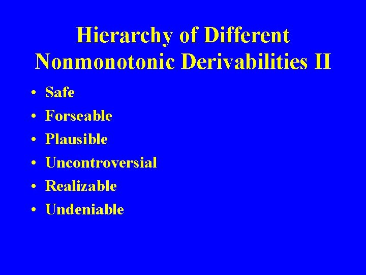 Hierarchy of Different Nonmonotonic Derivabilities II • • • Safe Forseable Plausible Uncontroversial Realizable