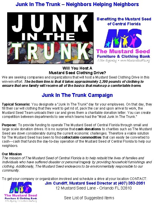 Junk In The Trunk – Neighbors Helping Neighbors Benefiting the Mustard Seed of Central