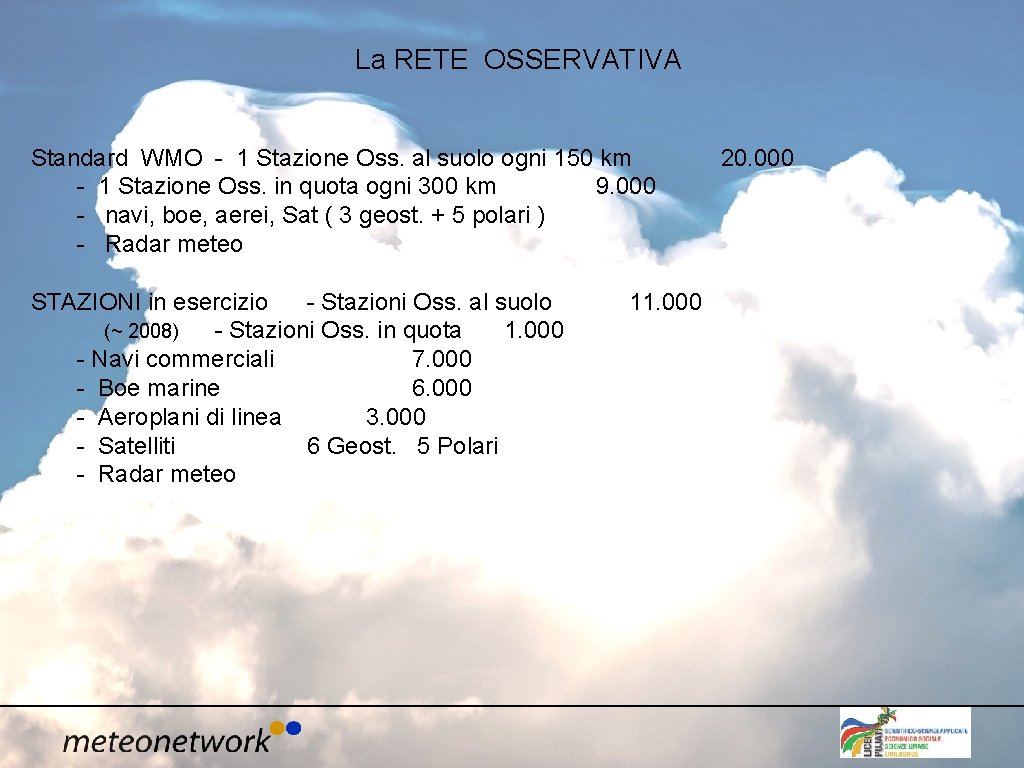 La RETE OSSERVATIVA Standard WMO - 1 Stazione Oss. al suolo ogni 150 km