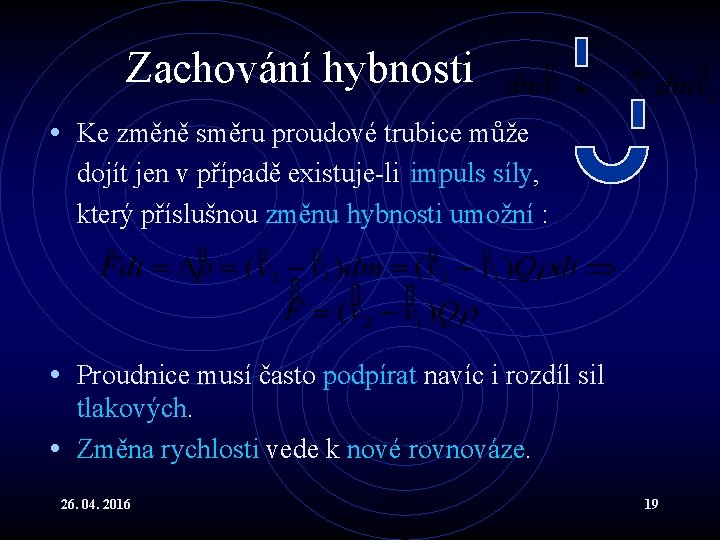 Zachování hybnosti • Ke změně směru proudové trubice může dojít jen v případě existuje-li