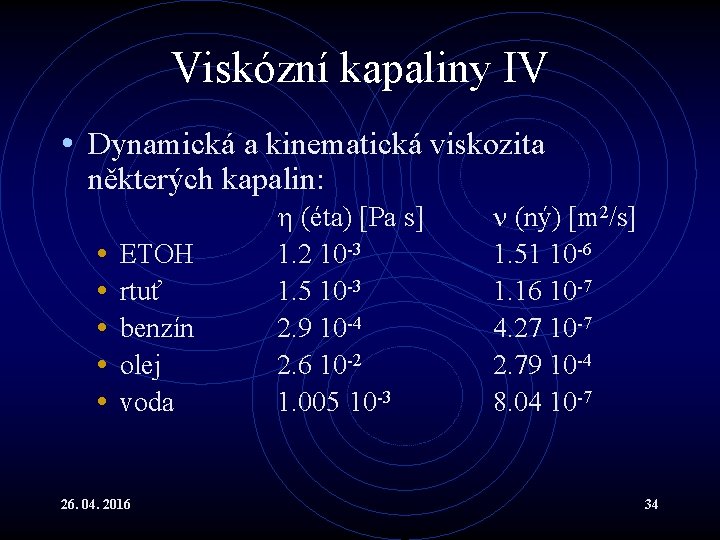 Viskózní kapaliny IV • Dynamická a kinematická viskozita některých kapalin: • • • ETOH