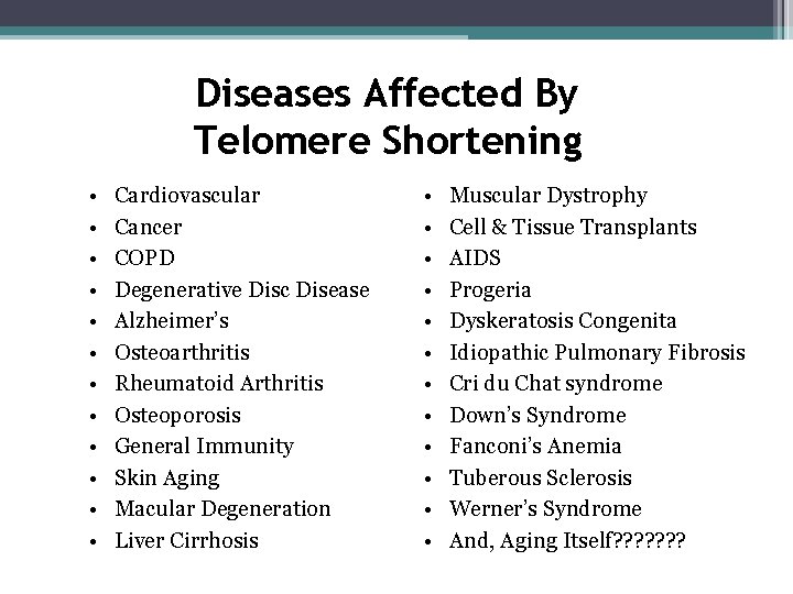 Diseases Affected By Telomere Shortening • • • Cardiovascular Cancer COPD Degenerative Disc Disease