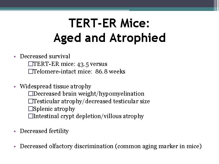 TERT-ER Mice: Aged and Atrophied • Decreased survival �TERT-ER mice: 43. 5 versus �Telomere-intact