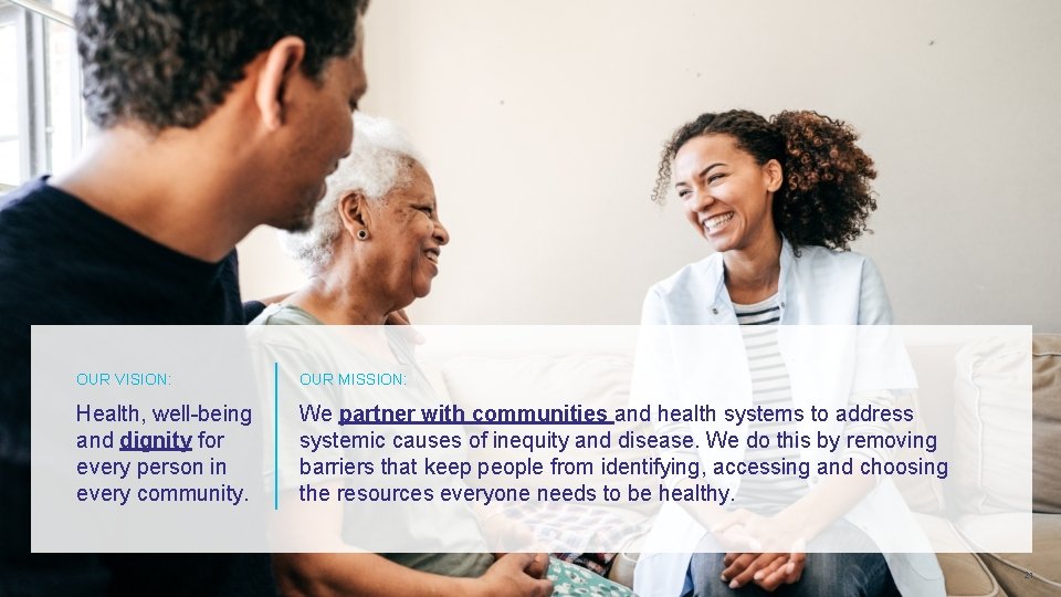 OUR VISION: OUR MISSION: Health, well-being and dignity for every person in every community.